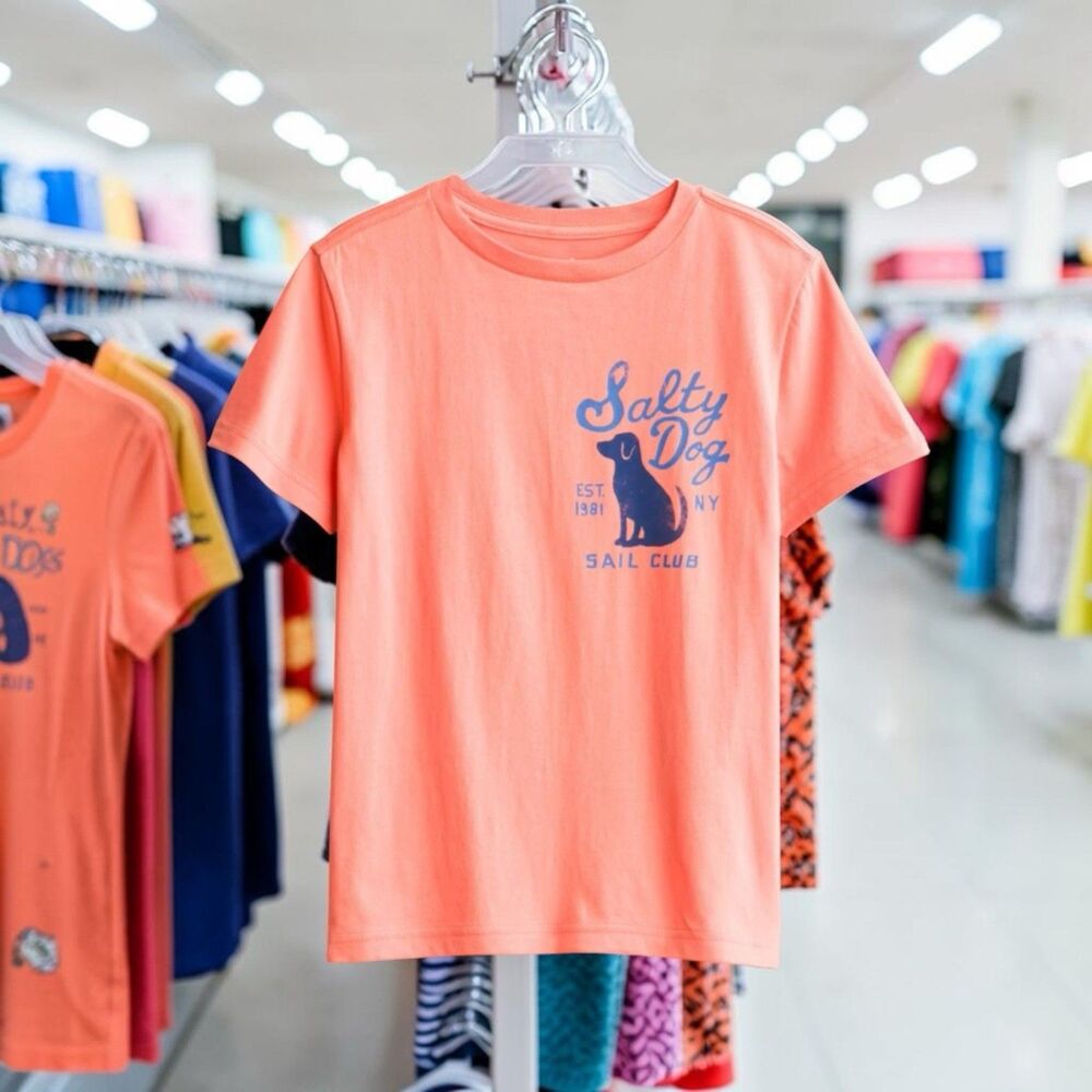 Rumi + Ryder Boys Graphic Tee Size Medium Salmon Pink Salty Dog Shirt EUC
